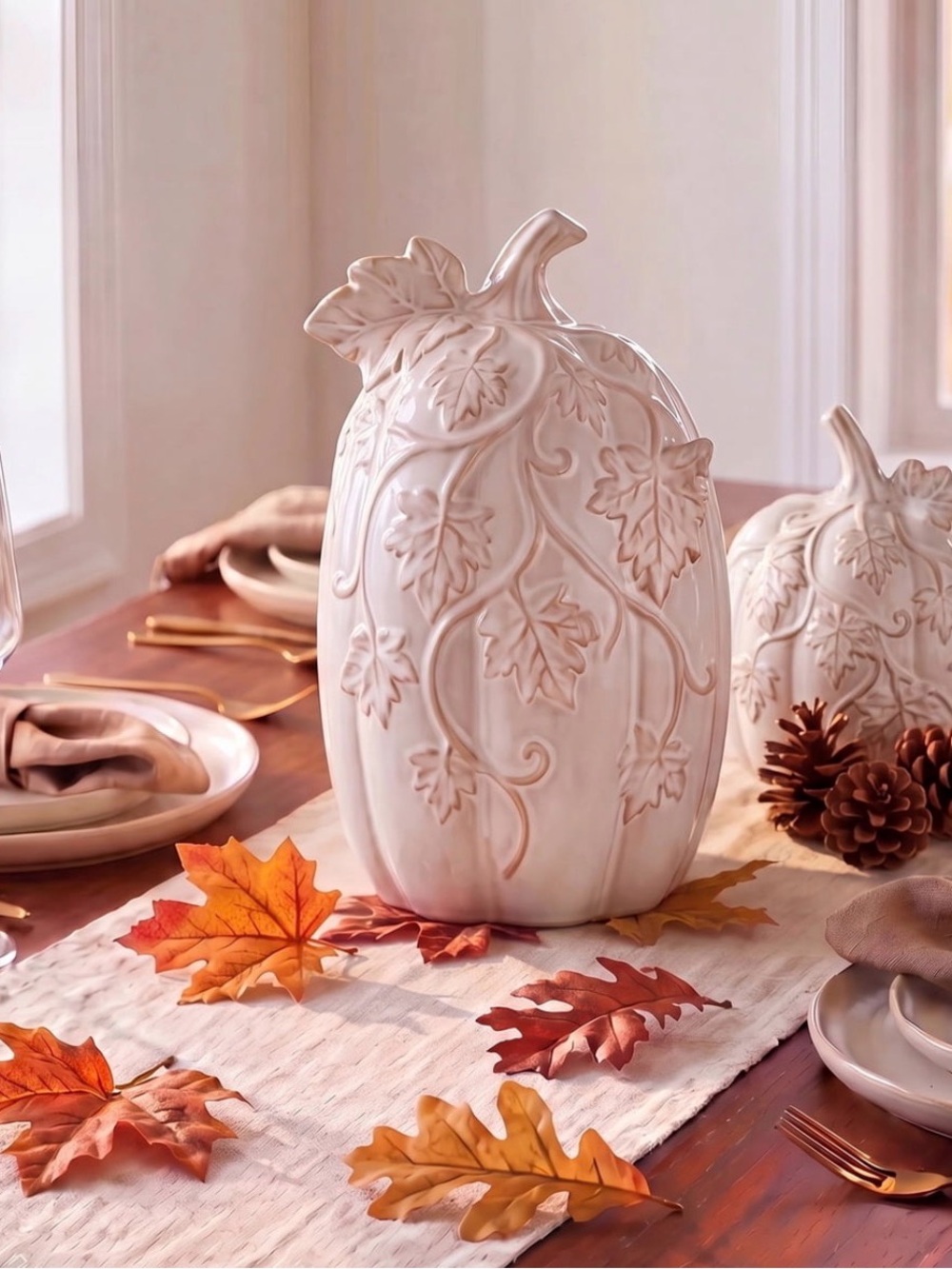 My Texas House Fall Tall Ceramic Pumpkin with Vine Accents Tabletop Decoration